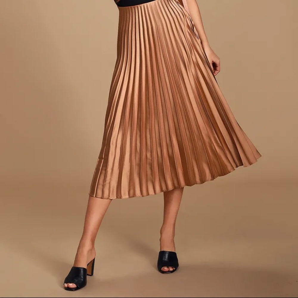Galena Beige Satin Pleated Midi Skirt